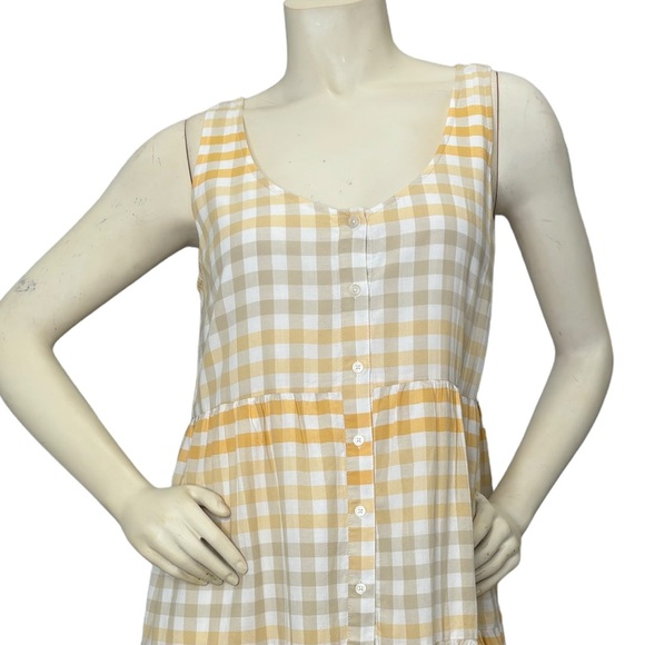 MADEWELL Yellow, White & Gray Plaid Button Down Sleeveless Tiered Ruffle Dress,M - Picture 13 of 16